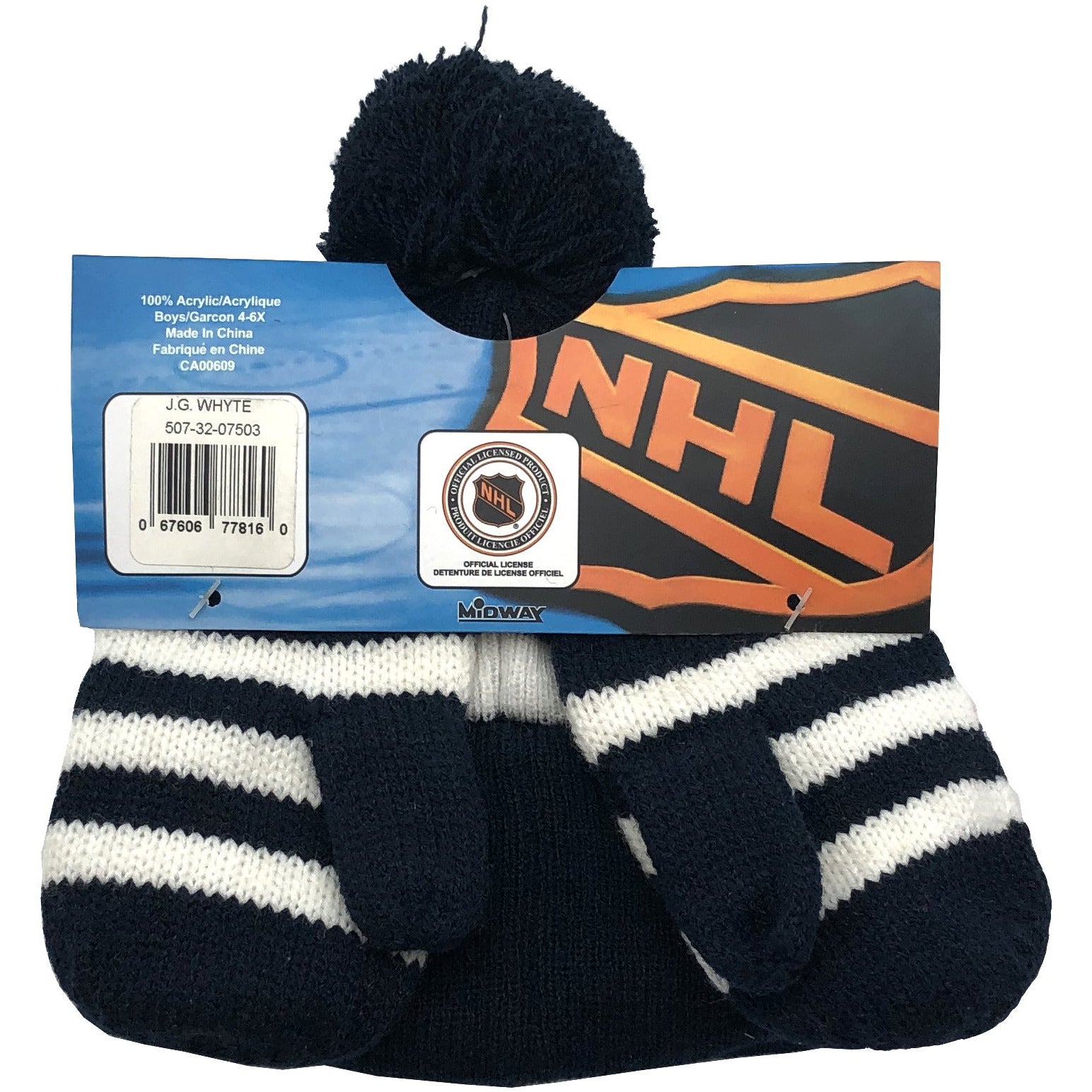 NHL Infant Winter Hat with Mitts Set / Size 4-6X / Official NHL Apparel / 100% Acrylic / Mitts With Jacket String / Outerwear / Hockey / Kids