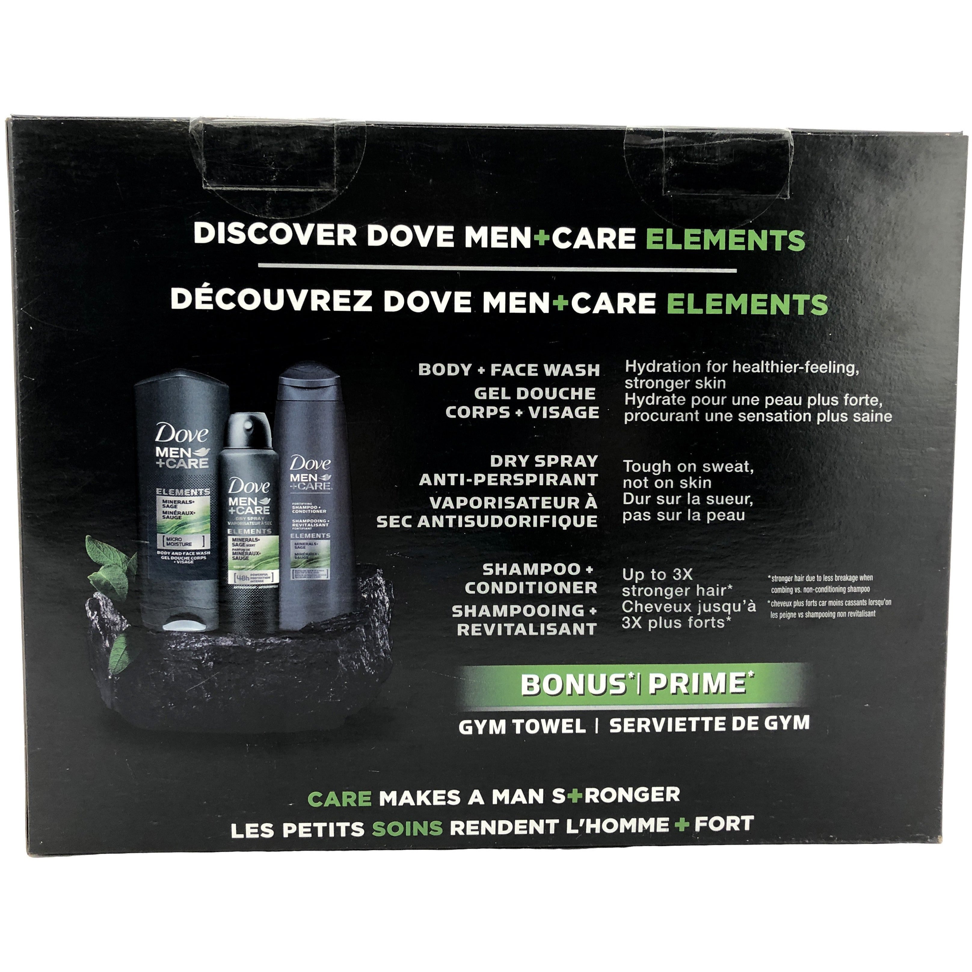 Dove mens + care gift set containing shampoo body wash and antiperspirant plus a bonus gym towel