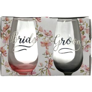 Bride and Groom Themed stemless wine glasses with tinted bottoms