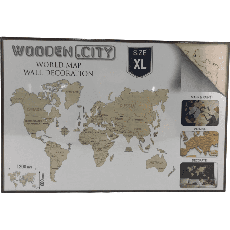 Wooden City World Map Wall Decoration / Size XL / Self Assembly
