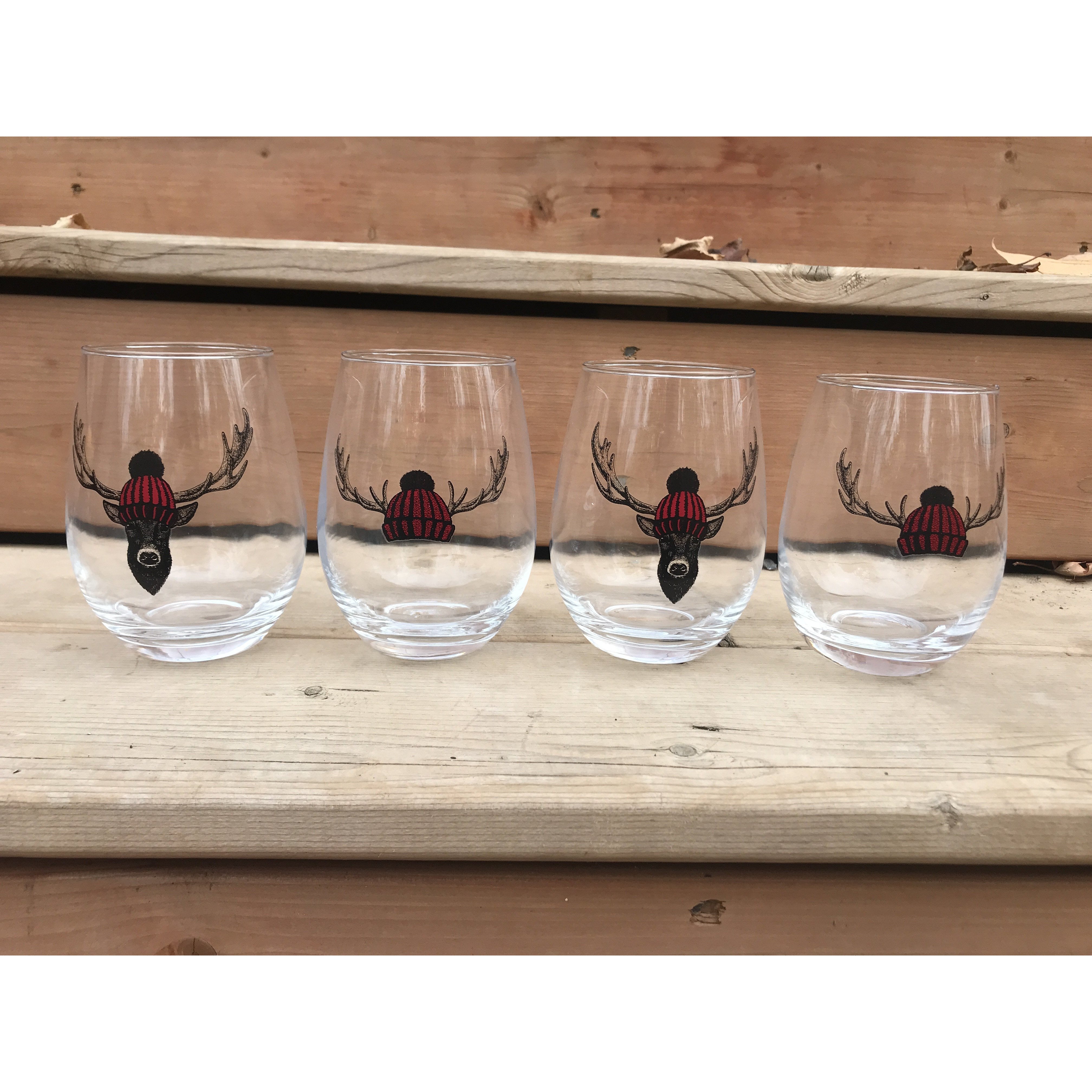 Stemless Wine Glass Set: Winter Themed / Set of 4 Wine Glasses