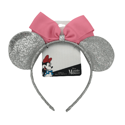 Minnie Mouse Ears Headband Silver Glitter with Pink Bow
