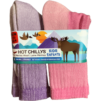 Hot Chillys Girl's Socks: 4 Pairs: Pink and Purple: Various Sizes
