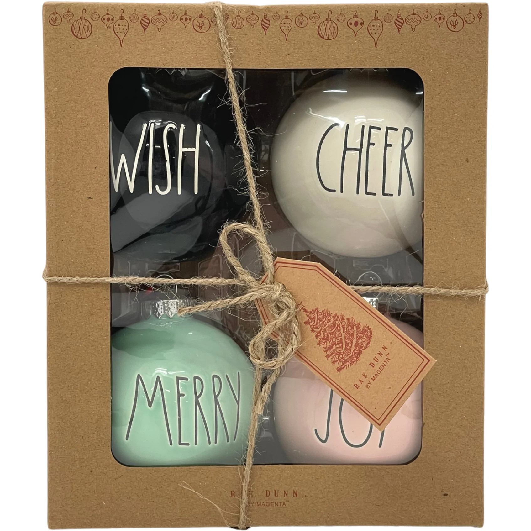 Rae Dunn Christmas Ornaments / 4 Pack / Light Pink, Mint Green, White & Black / Holiday Words