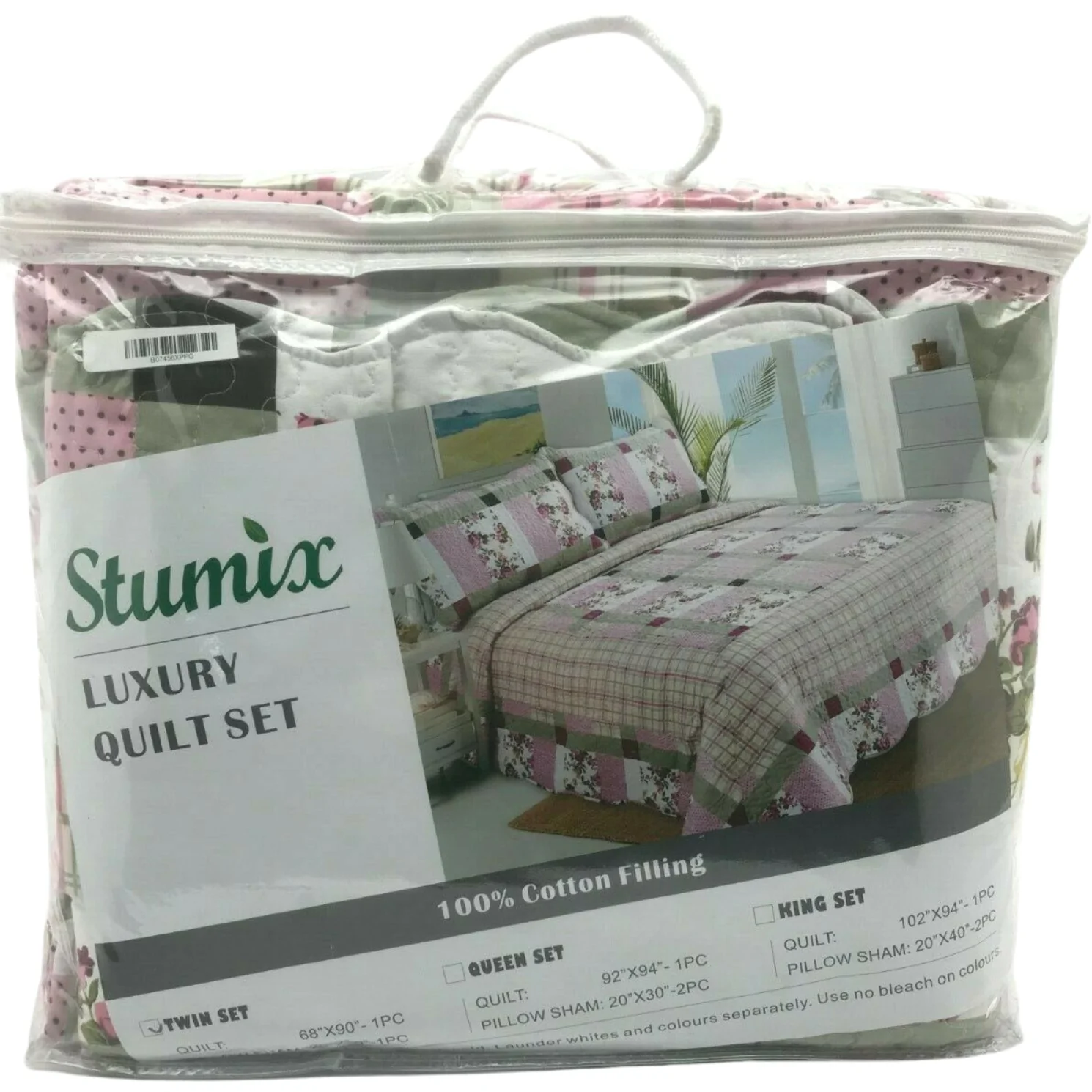 Stumix Luxury Quilt Set / Twin Size / Quilt & Pillow Sham / Floral Pattern / Pink, White & Green **DEALS**